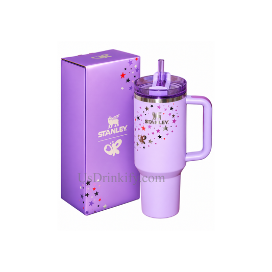 Stanley 40oz Purple Butterfly Star Design Insulated Tumbler with Handle Straw & Gift Box