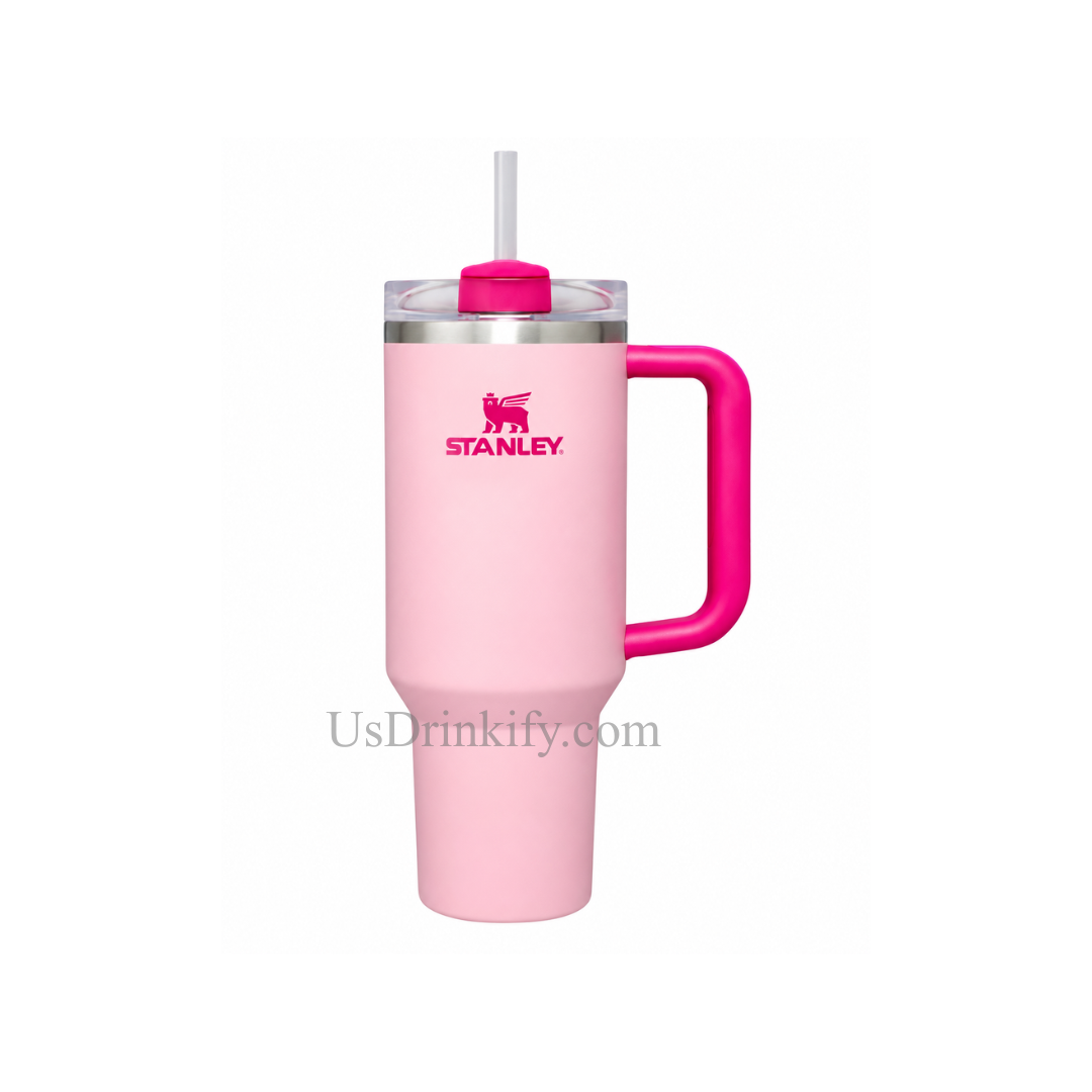 Stanley Pink Insulated Tumbler with Hot Pink Handle & Straw – Reusable Travel Cup
