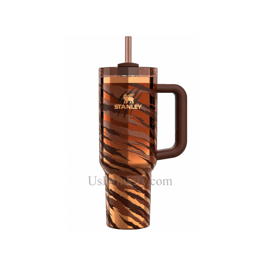 Stanley 40oz Brown Tiger Print Insulated Tumbler with Handle & Straw Travel Cup