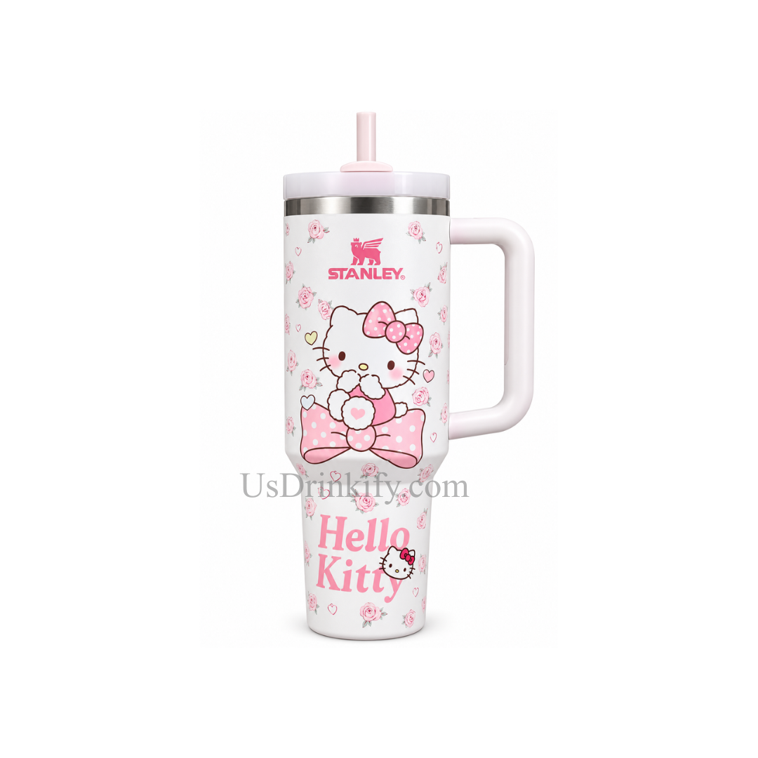 Stanley Hello Kitty White & Pink Insulated Tumbler with Handle, Lid & Straw Travel Cup