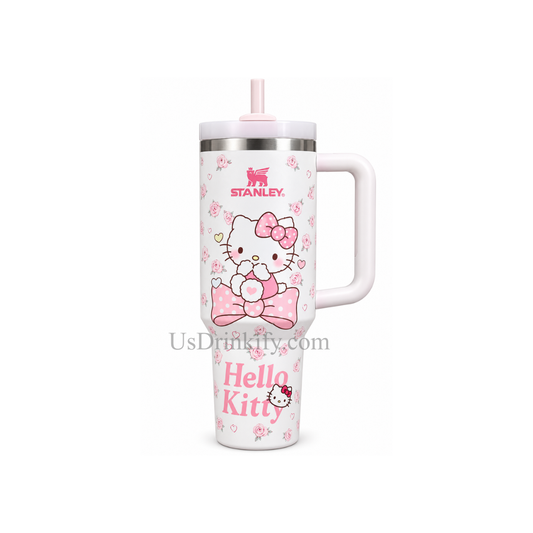 Stanley Hello Kitty White & Pink Insulated Tumbler with Handle, Lid & Straw Travel Cup