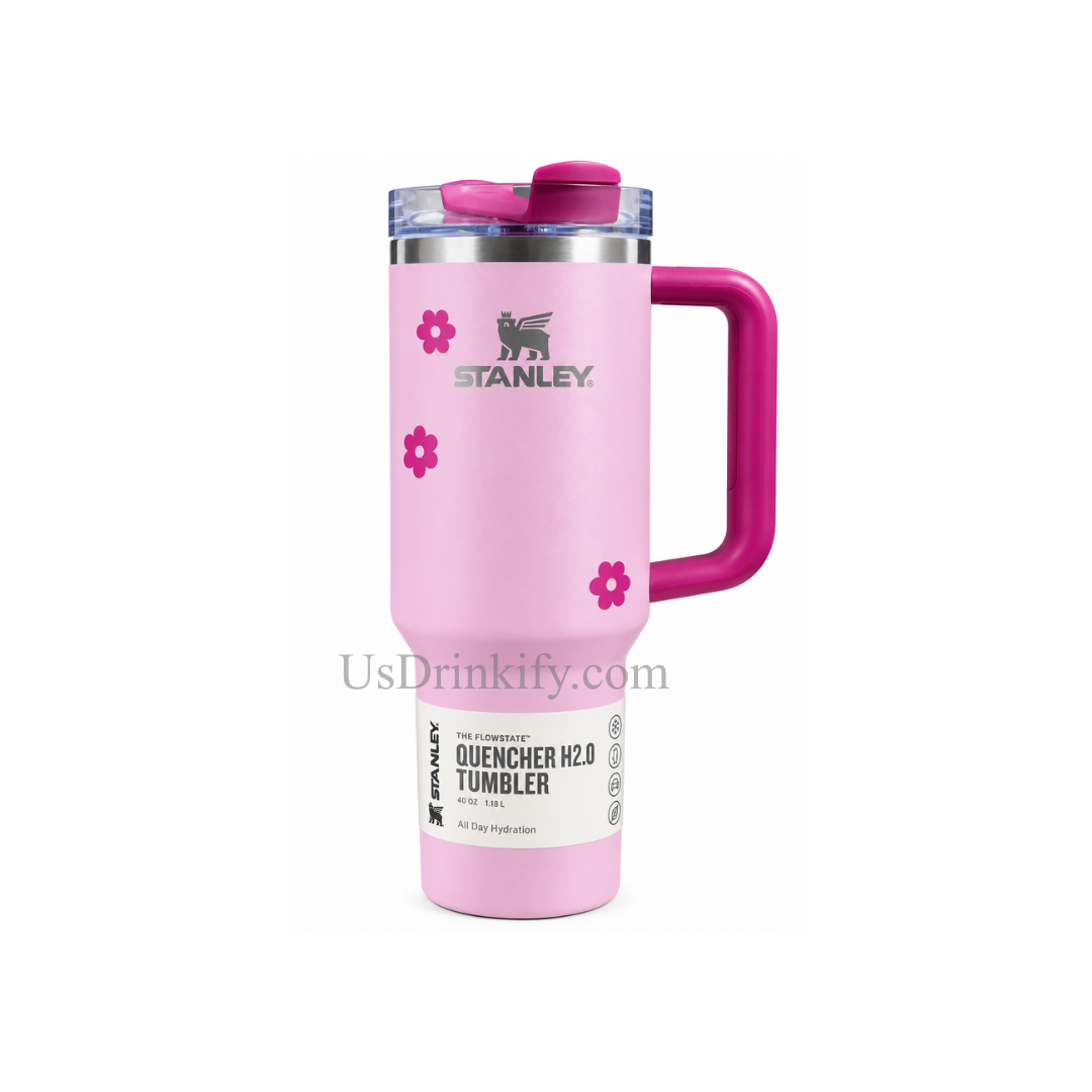 Stanley Quencher H2.0 40oz Light Pink Floral Insulated Tumbler with Magenta Handle & Lid