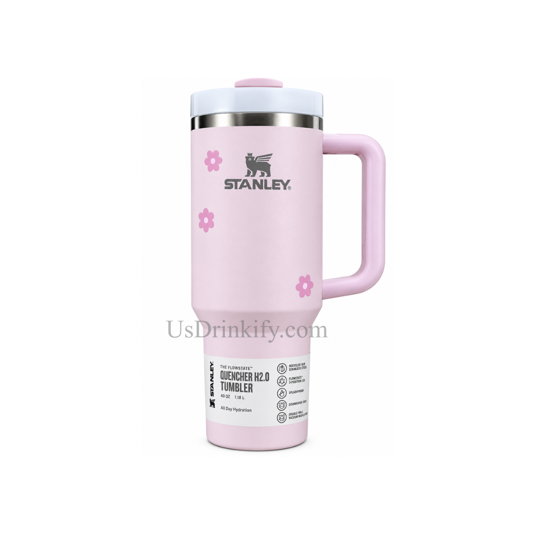 Stanley Quencher H2.0 40oz Pastel Pink Floral Stainless Steel Insulated Tumbler with Handle & Lid