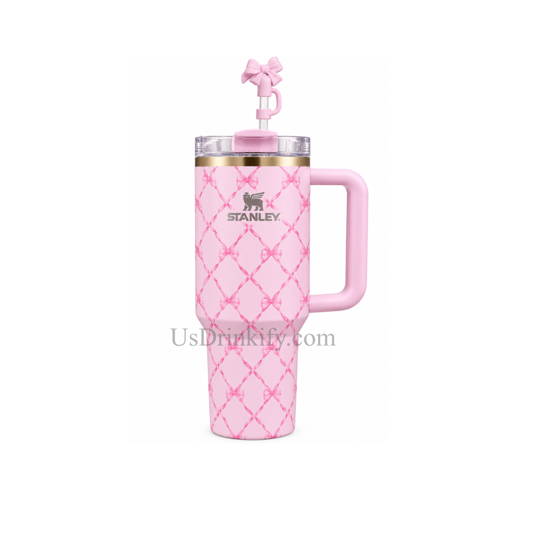 Stanley Pink Bow Ribbon Insulated Tumbler with Handle, Lid & Straw – Cute Aesthetic Travel Cup