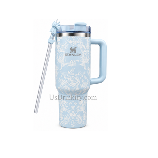 Stanley Blue Floral Insulated Tumbler with Handle, Lid & Bow Straw – Aesthetic Travel Cup