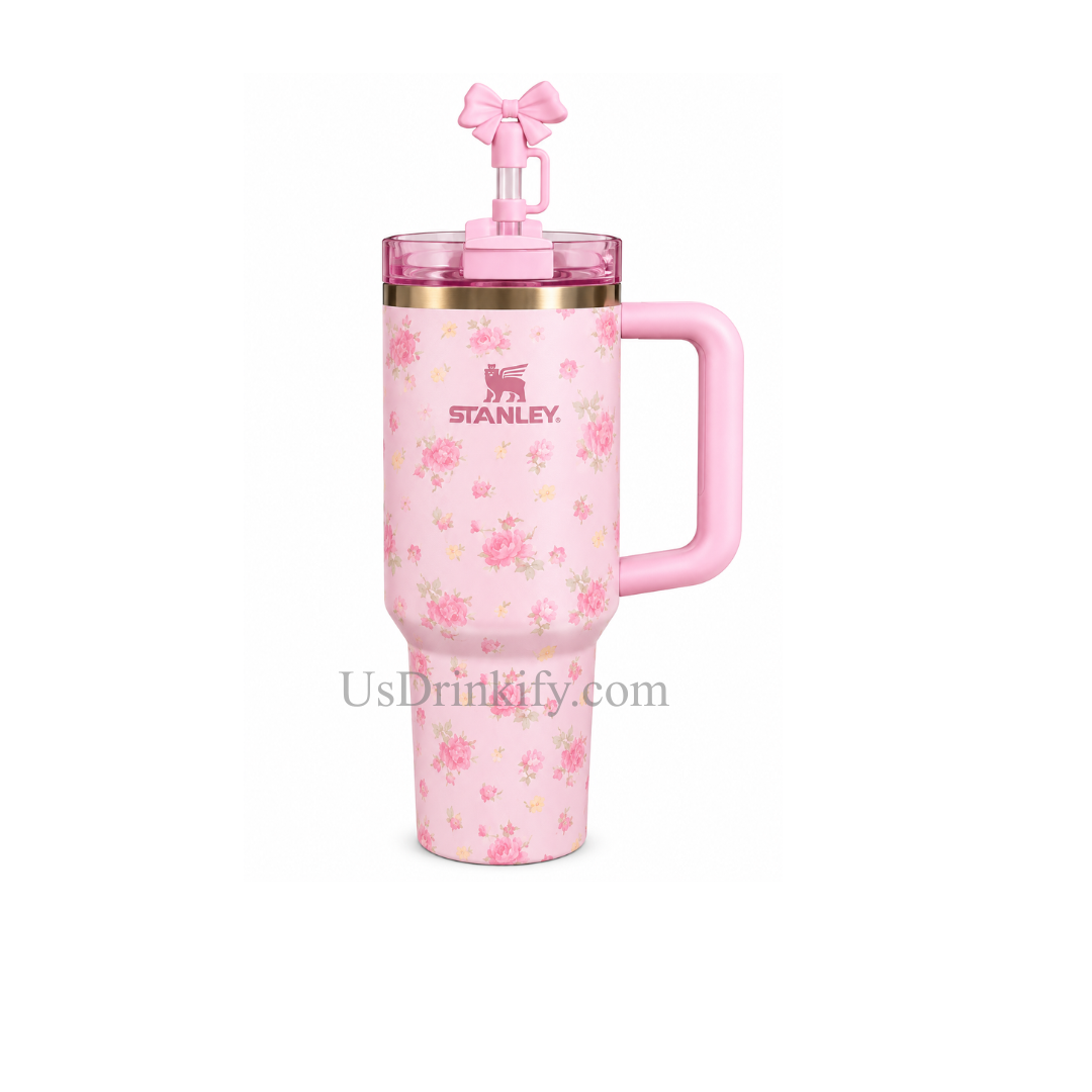 Stanley Pink Floral Rose Insulated Tumbler with Handle, Lid & Bow Straw – Cute Aesthetic Travel Cup