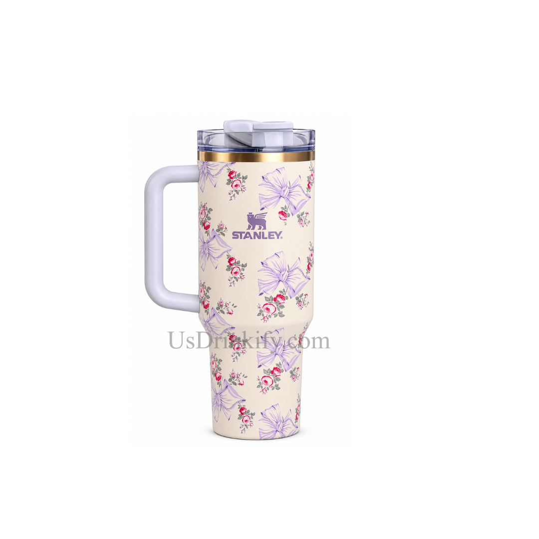 Stanley Lavender Bow Floral Insulated Tumbler with Handle & Lid – Vintage Rose Aesthetic Travel Cup