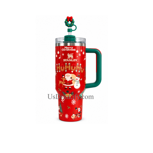 Stanley Christmas Red Insulated Tumbler with Handle, Lid & Wreath Straw – Santa Claus Holiday Travel Cup