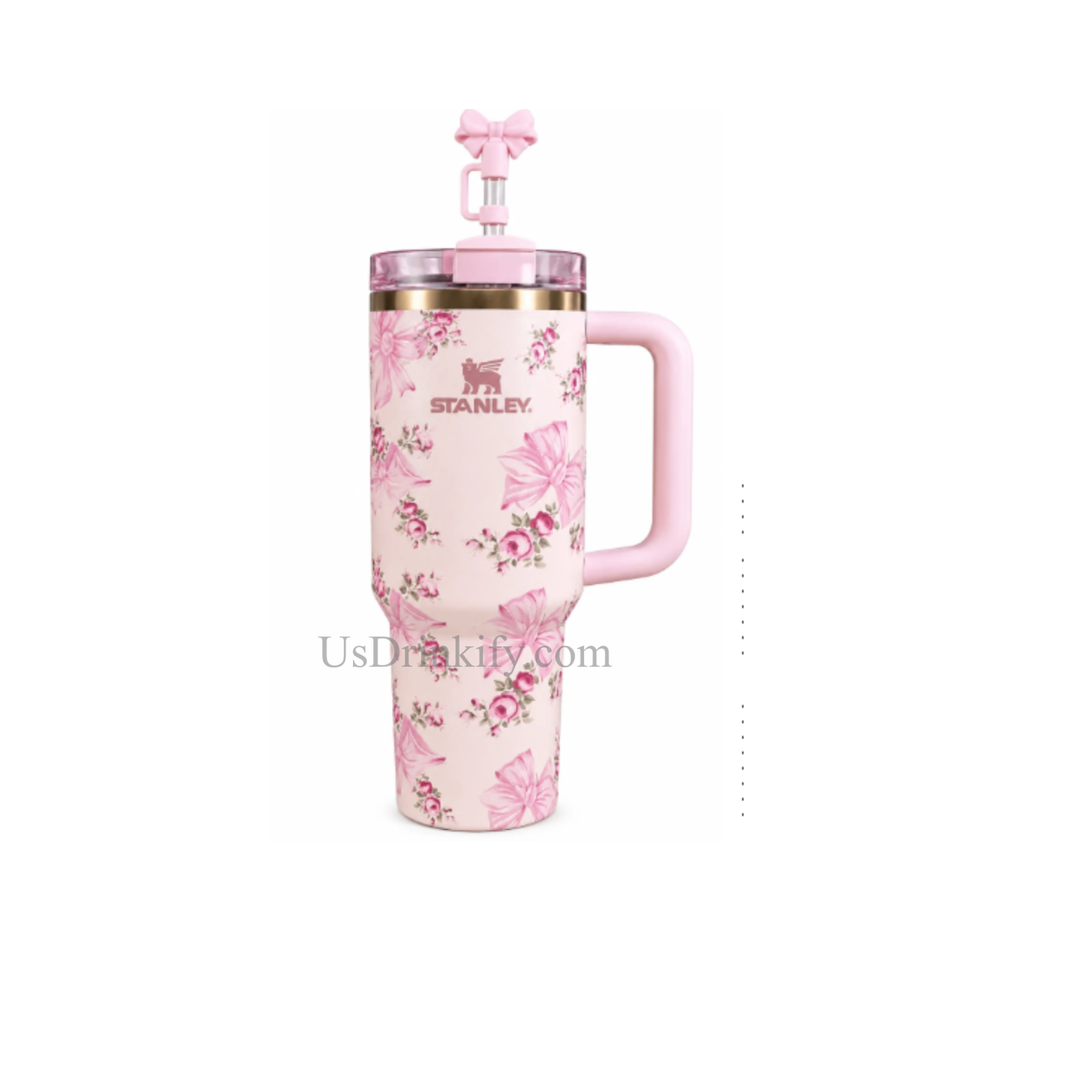 Stanley Pink Floral Bow Tumbler with Handle, Lid & Straw – Cute Aesthetic Insulated Travel Cup