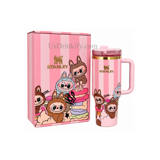 Stanley Labubu Pink Tumbler 40oz with Handle & Lid – Cute Cartoon Insulated Travel Mug with Gift Box