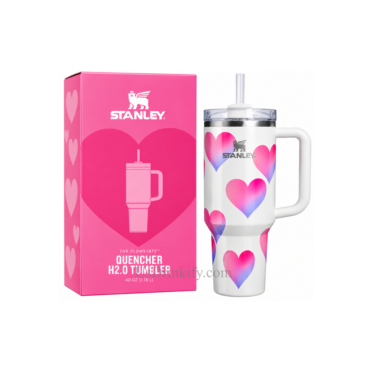 Stanley Quencher H2.0 40oz White Pink Heart Tumbler with Handle & Straw – Insulated Stainless Steel Travel Mug with Gift Box
