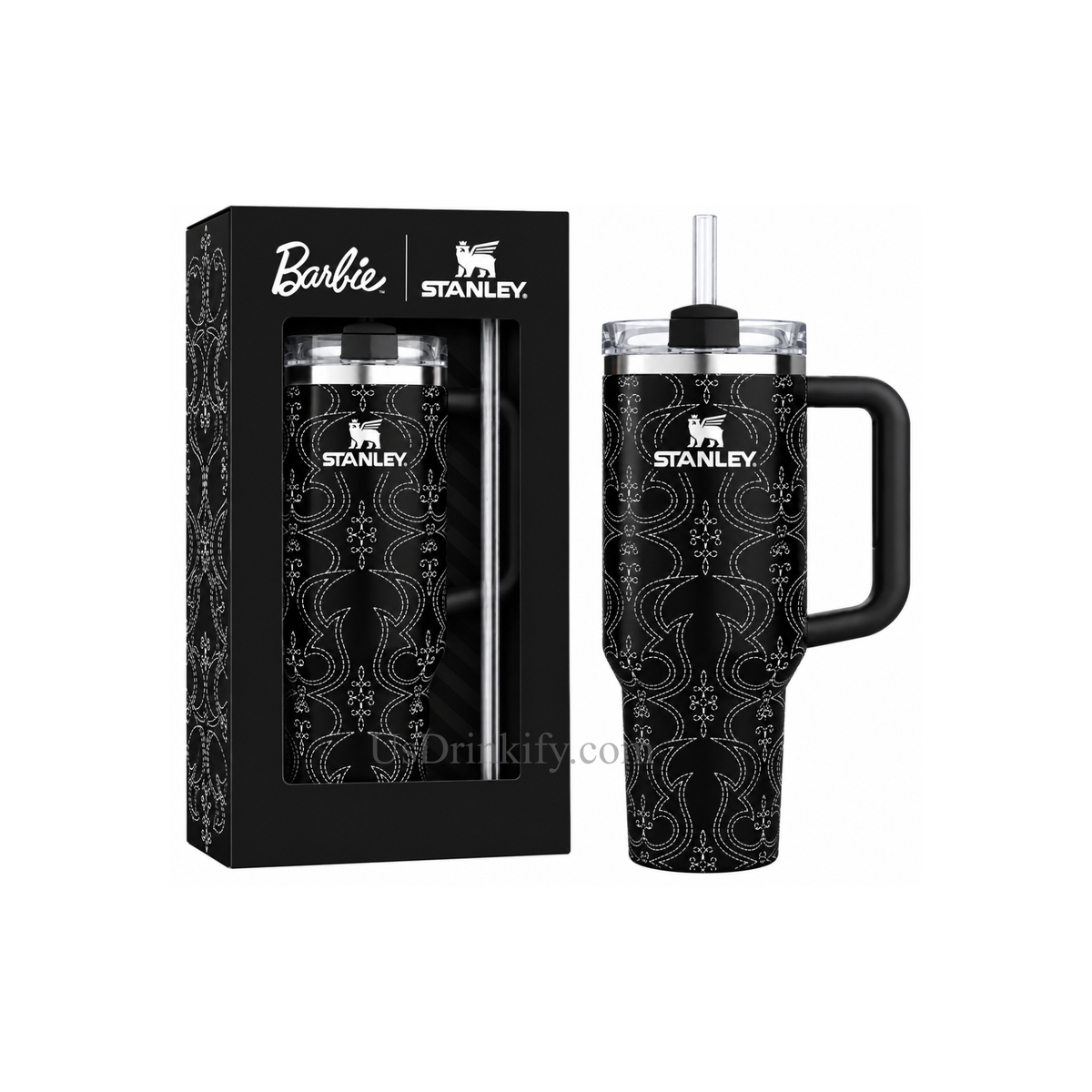 Black Paisley 40oz Insulated Stainless Steel Tumbler with Handle & Straw – Western Bandana Design Travel Mug with Gift Box