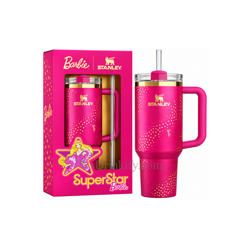 Barbie SuperStar Pink 40oz Insulated Tumbler with Handle & Straw – Gold Star Stainless Steel Travel Mug with Gift Box