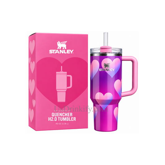 Stanley Quencher H2.0 40oz Purple Pink Heart Tumbler with Handle & Straw – Insulated Stainless Steel Travel Mug with Gift Box