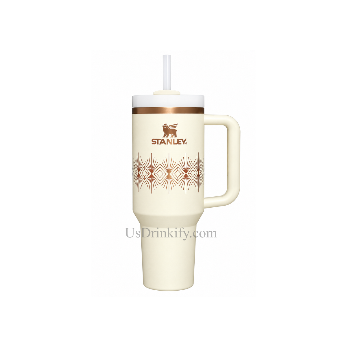 Stanley 40oz Cream White Insulated Tumbler with Handle & Straw – Copper Geometric Design Stainless Steel Travel Mug