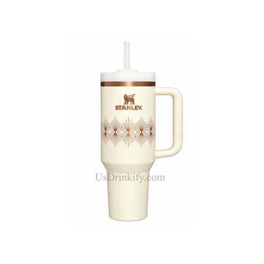Stanley 40oz Cream White Insulated Tumbler with Handle & Straw – Copper Geometric Design Stainless Steel Travel Mug