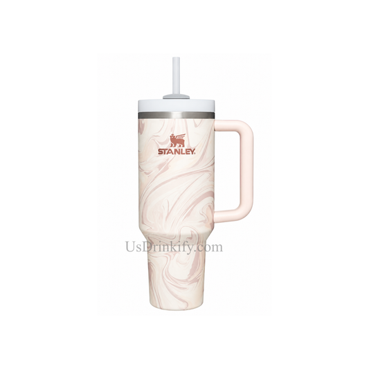 Stanley 40oz Cream Marble Insulated Tumbler with Handle & Straw – Blush Pink Swirl Stainless Steel Travel Mug