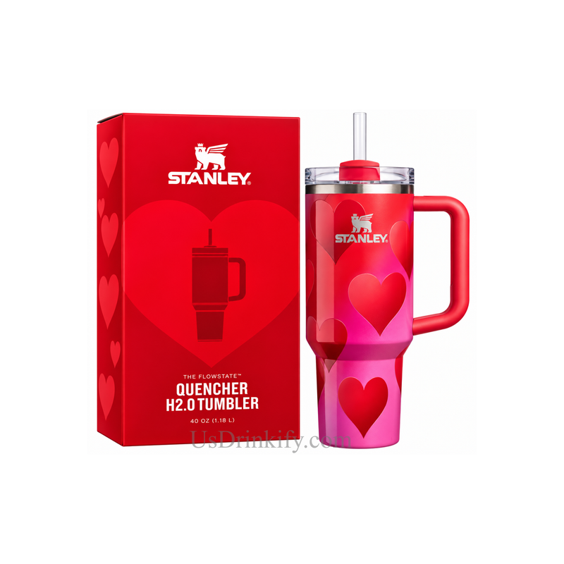 Stanley Quencher H2.0 40oz Red Pink Heart Tumbler with Handle & Straw – Insulated Stainless Steel Travel Mug with Gift Box
