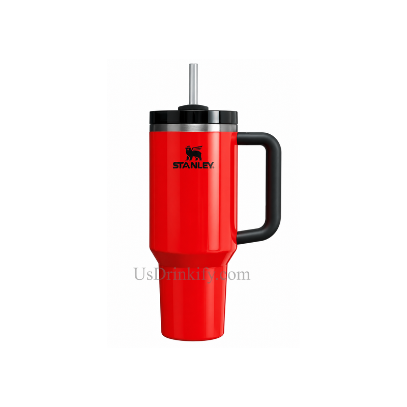 Stanley 40oz Red Insulated Stainless Steel Tumbler with Black Handle & Straw – Reusable Travel Coffee Mug