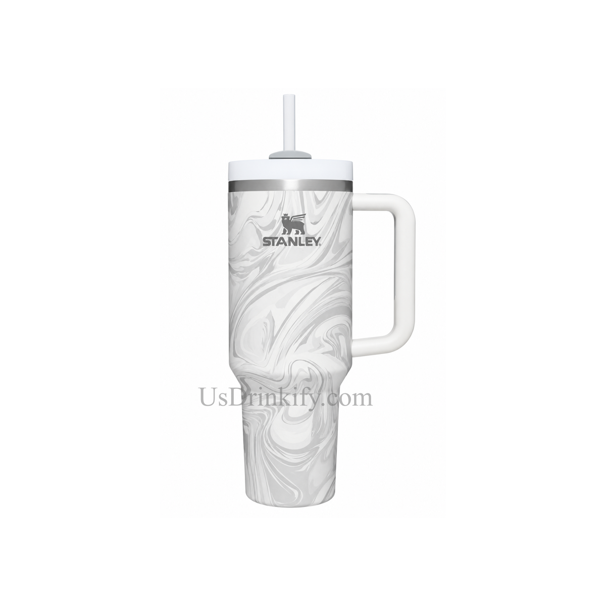 Stanley 40oz White Gray Marble Insulated Stainless Steel Tumbler with Handle & Straw – Elegant Swirl Travel Mug