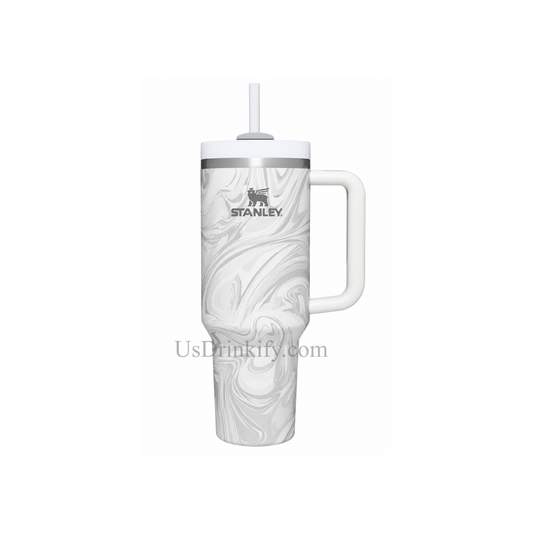 Stanley 40oz White Gray Marble Insulated Stainless Steel Tumbler with Handle & Straw – Elegant Swirl Travel Mug