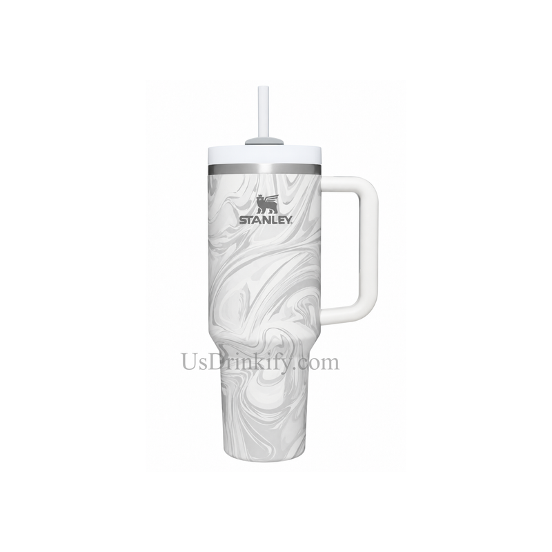 Stanley 40oz White Gray Marble Insulated Stainless Steel Tumbler with Handle & Straw – Elegant Swirl Travel Mug