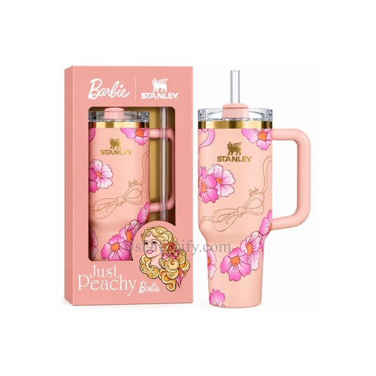 Stanley Barbie Just Peachy 40oz Insulated Tumbler with Handle & Straw – Peach Pink Floral Stainless Steel Travel Mug with Gift Box