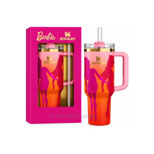 Barbie Stanley 40oz Pink Orange Gradient Tumbler with Handle & Straw – Insulated Stainless Steel Travel Mug with Gift Box