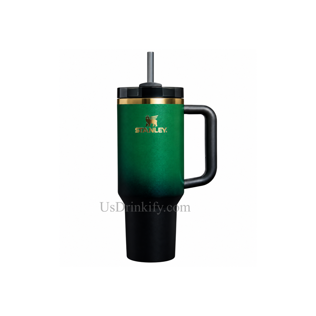 Stanley 40oz Emerald Green Black Insulated Tumbler with Handle & Straw – Gold Accent Stainless Steel Travel Mug