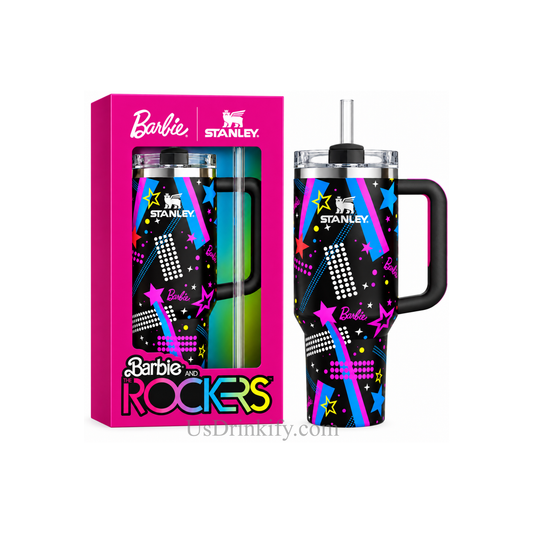 Stanley Barbie Rockers 40oz Black Neon Insulated Tumbler with Handle & Straw – Colorful Star Design Stainless Steel Travel Mug with Gift Box