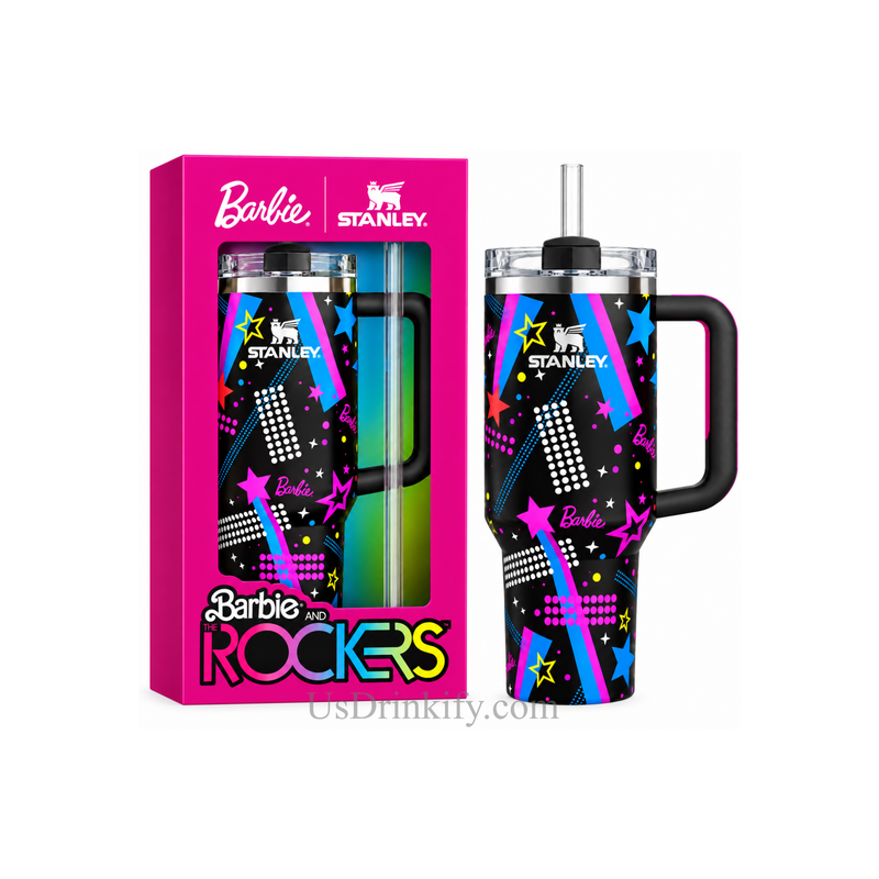 Stanley Barbie Rockers 40oz Black Neon Insulated Tumbler with Handle & Straw – Colorful Star Design Stainless Steel Travel Mug with Gift Box