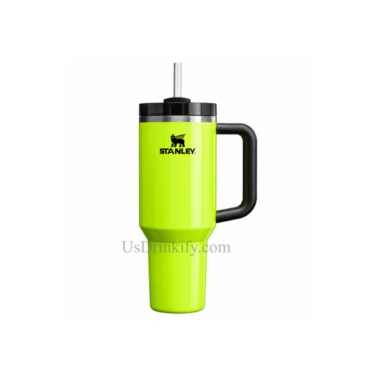 Stanley 40oz Neon Lime Green Insulated Stainless Steel Tumbler with Black Handle & Straw – Reusable Travel Coffee Mug