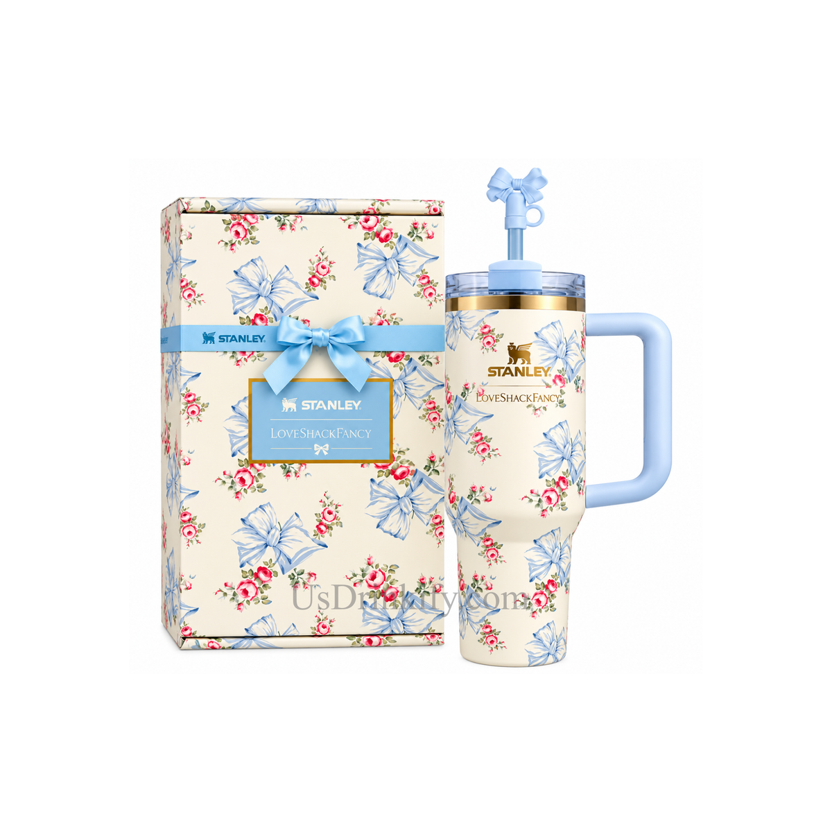 Stanley x LoveShackFancy Floral Bow Tumbler with Handle, Straw & Gift Box – Cream Blue